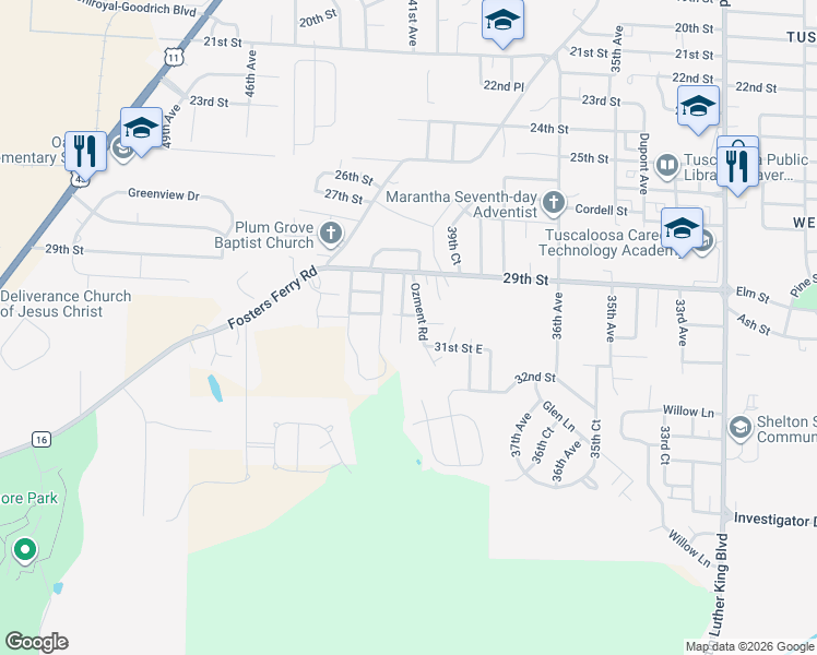 map of restaurants, bars, coffee shops, grocery stores, and more near 3000-3098 Ozment Rd in Tuscaloosa
