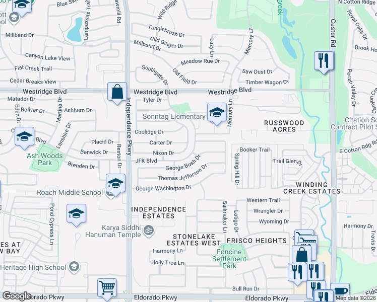 map of restaurants, bars, coffee shops, grocery stores, and more near 9721 Nixon Drive in McKinney