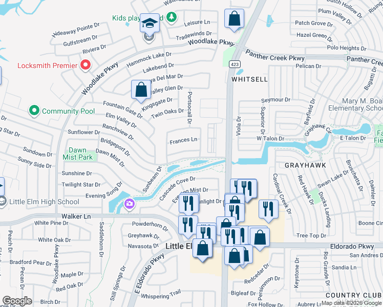 map of restaurants, bars, coffee shops, grocery stores, and more near 2700 Waterton Drive in Little Elm