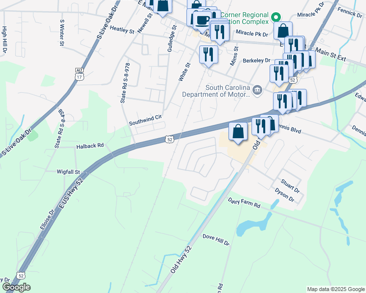 map of restaurants, bars, coffee shops, grocery stores, and more near 560 Birchwood Drive in Moncks Corner