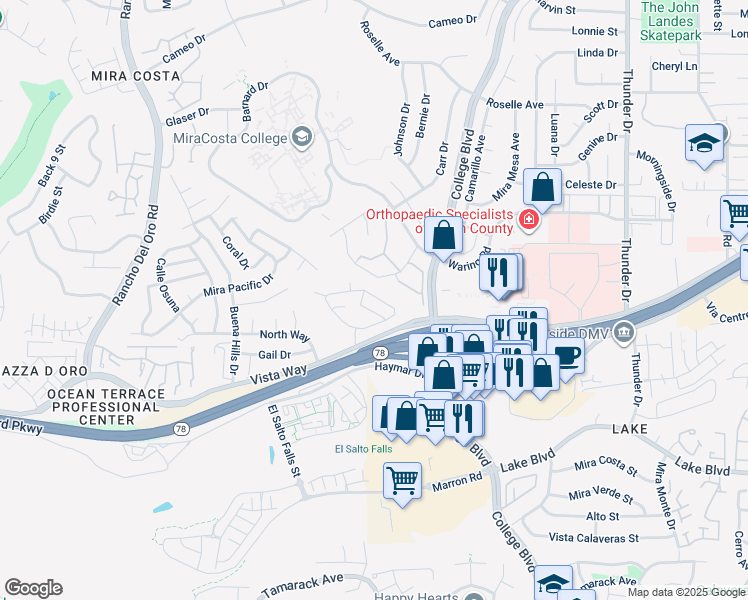 map of restaurants, bars, coffee shops, grocery stores, and more near 3642 Harvard Drive in Oceanside