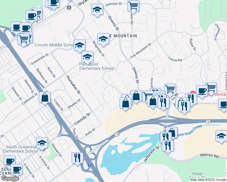 map of restaurants, bars, coffee shops, grocery stores, and more near 1765 Ivy Road in Oceanside