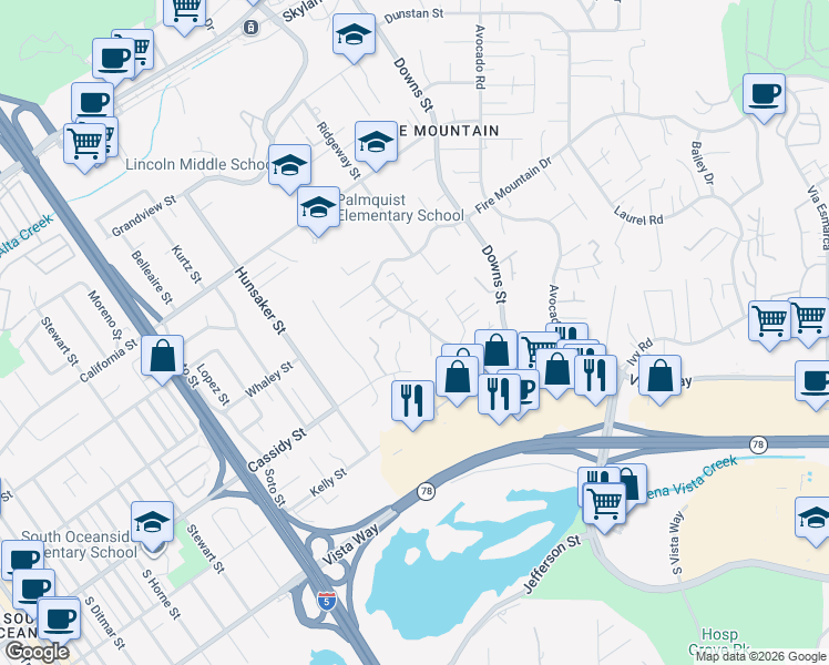 map of restaurants, bars, coffee shops, grocery stores, and more near 1710 Timingo Gate Way in Oceanside