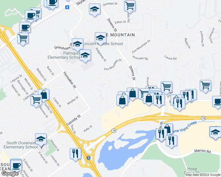 map of restaurants, bars, coffee shops, grocery stores, and more near 1765 Ivy Road in Oceanside