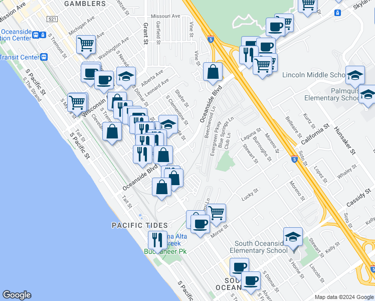 map of restaurants, bars, coffee shops, grocery stores, and more near 1209 South Nevada Street in Oceanside