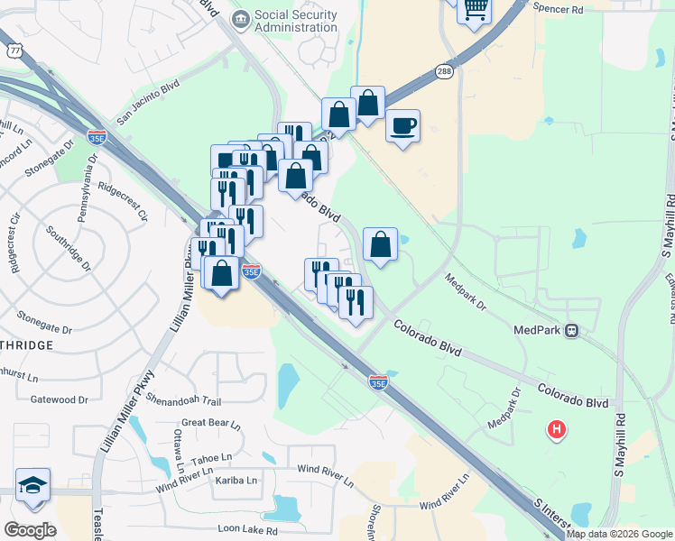 map of restaurants, bars, coffee shops, grocery stores, and more near 2700 Colorado Boulevard in Denton