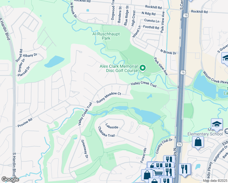map of restaurants, bars, coffee shops, grocery stores, and more near 2601 Sunny Meadow in McKinney
