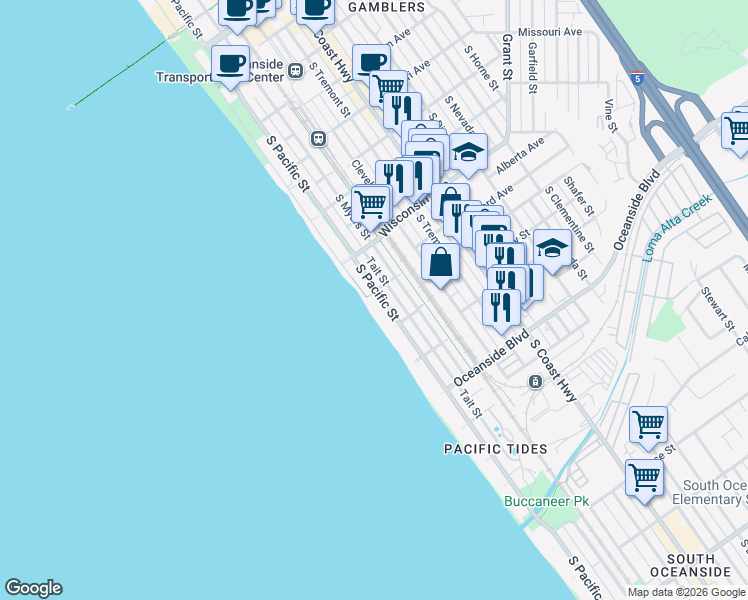map of restaurants, bars, coffee shops, grocery stores, and more near 901 South Pacific Street in Oceanside