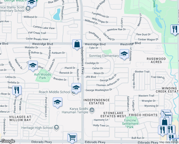 map of restaurants, bars, coffee shops, grocery stores, and more near 9921 Nixon Drive in McKinney