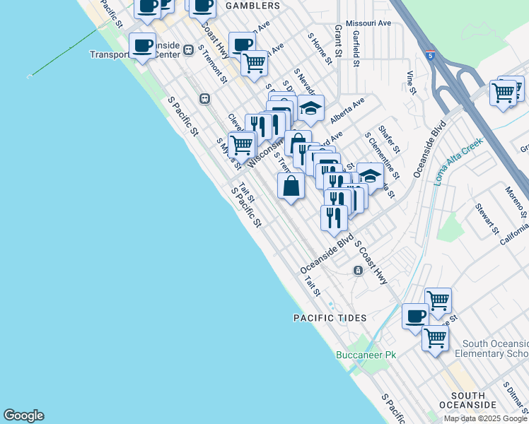 map of restaurants, bars, coffee shops, grocery stores, and more near 920 Tait Street in Oceanside