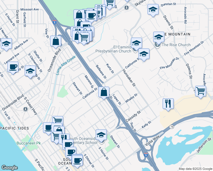 map of restaurants, bars, coffee shops, grocery stores, and more near 1504 Valencia Street in Oceanside