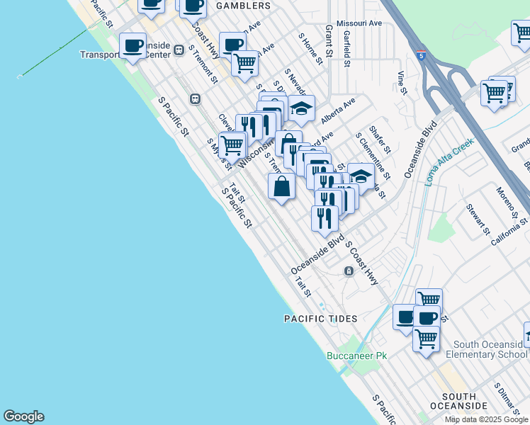 map of restaurants, bars, coffee shops, grocery stores, and more near 1006 South Myers Street in Oceanside