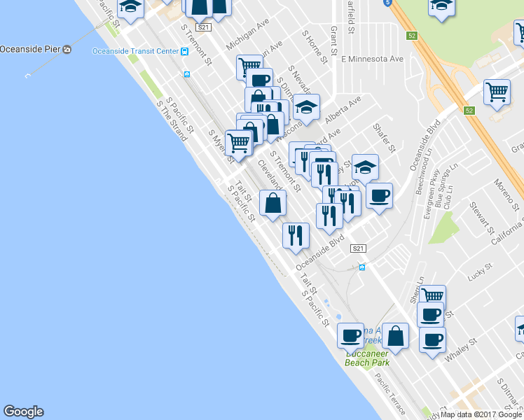 map of restaurants, bars, coffee shops, grocery stores, and more near 920 South Pacific Street in Oceanside