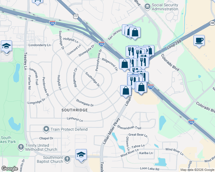 map of restaurants, bars, coffee shops, grocery stores, and more near 719 Ridgecrest Circle in Denton