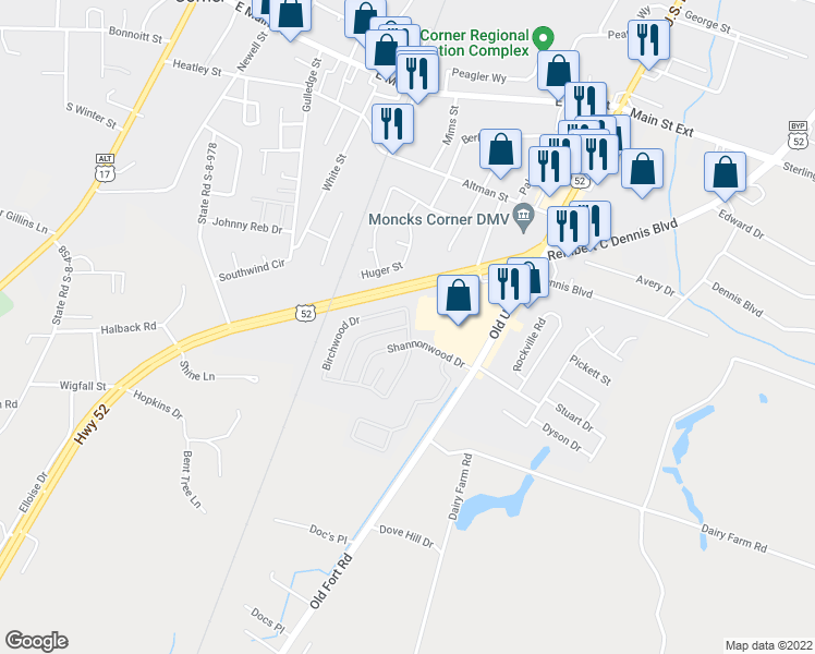map of restaurants, bars, coffee shops, grocery stores, and more near 300 Hickorywood Drive in Moncks Corner