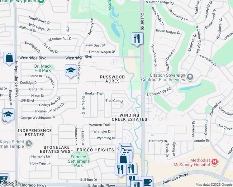 map of restaurants, bars, coffee shops, grocery stores, and more near 15866 Willowbrook Lane in Frisco