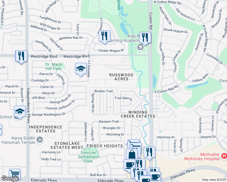 map of restaurants, bars, coffee shops, grocery stores, and more near 15660 Booker Trail in Frisco