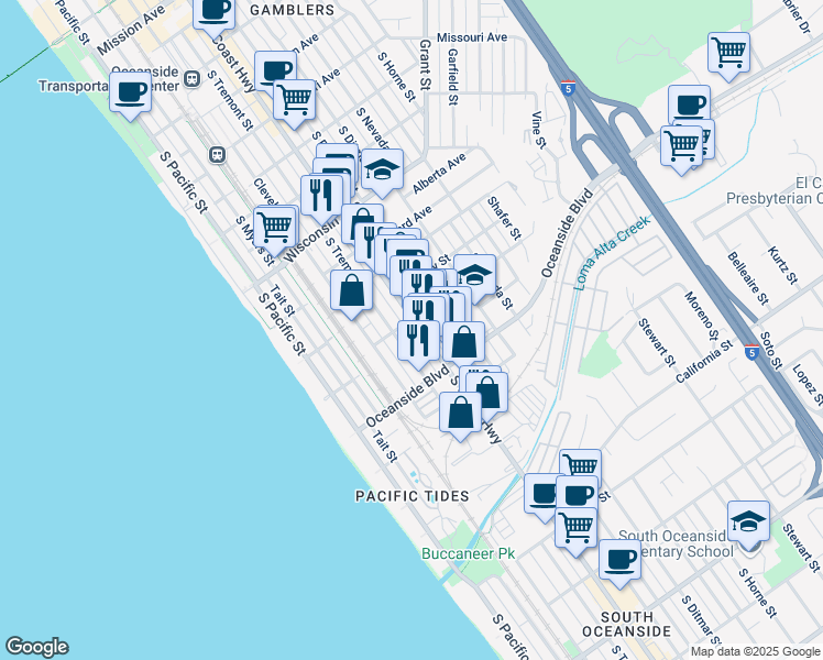 map of restaurants, bars, coffee shops, grocery stores, and more near 1111 South Coast Highway in Oceanside