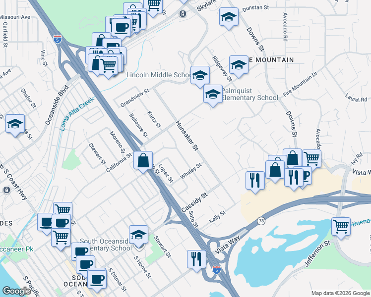 map of restaurants, bars, coffee shops, grocery stores, and more near 1607 Hunsaker Street in Oceanside