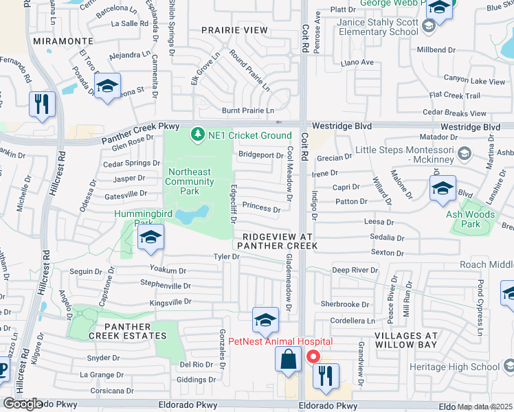 map of restaurants, bars, coffee shops, grocery stores, and more near Princess Drive in Frisco