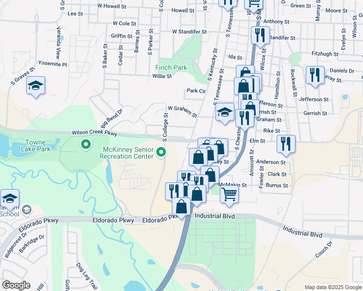 map of restaurants, bars, coffee shops, grocery stores, and more near 101 Wilson Creek Parkway in McKinney