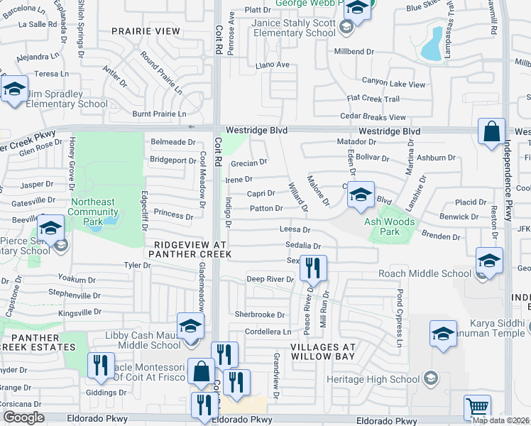 map of restaurants, bars, coffee shops, grocery stores, and more near 10832 Leesa Drive in McKinney