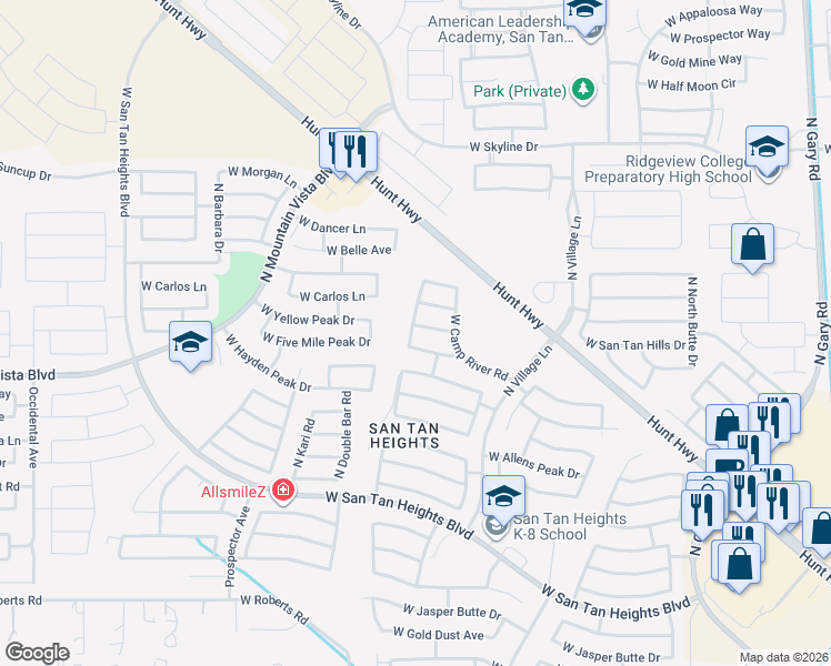 map of restaurants, bars, coffee shops, grocery stores, and more near 2883 West Yellow Peak Drive in Queen Creek