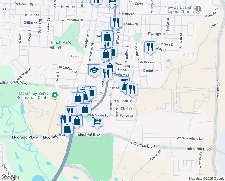 map of restaurants, bars, coffee shops, grocery stores, and more near 231 Amscott Street in McKinney