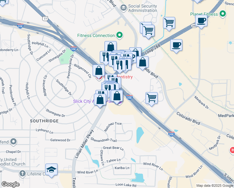 map of restaurants, bars, coffee shops, grocery stores, and more near 2416 South Interstate 35 East in Denton