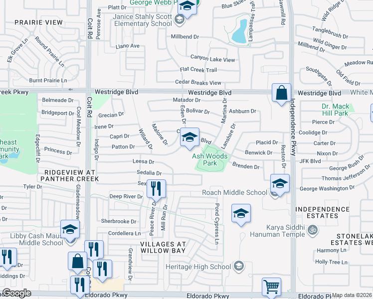 map of restaurants, bars, coffee shops, grocery stores, and more near 2301 Eden Drive in McKinney
