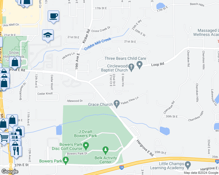 map of restaurants, bars, coffee shops, grocery stores, and more near 2626 21st Court East in Tuscaloosa