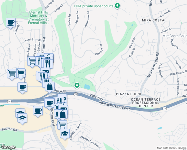 map of restaurants, bars, coffee shops, grocery stores, and more near 2349 Nicklaus Drive in Oceanside