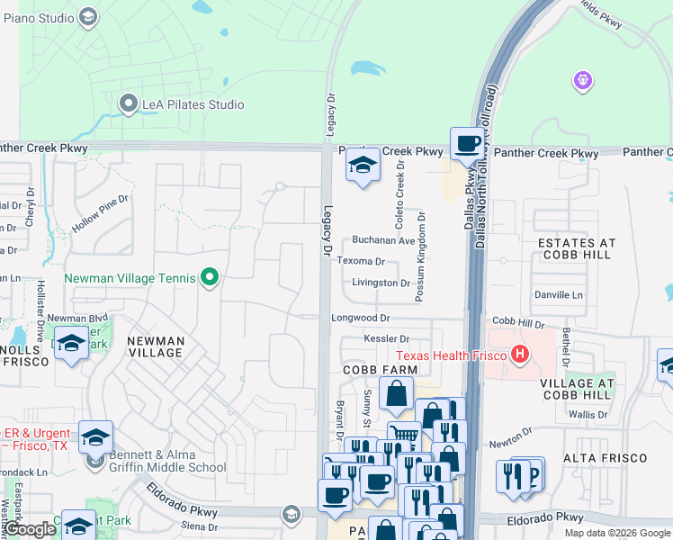 map of restaurants, bars, coffee shops, grocery stores, and more near 12809 Lost Creek Drive in Frisco