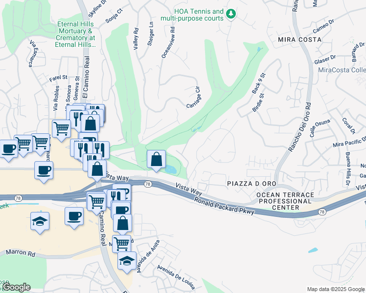 map of restaurants, bars, coffee shops, grocery stores, and more near 2349 Nicklaus Drive in Oceanside