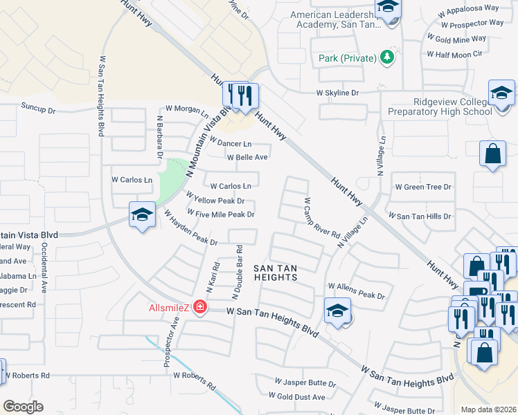 map of restaurants, bars, coffee shops, grocery stores, and more near 33583 North Washington View Road in Queen Creek