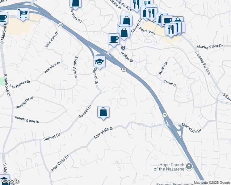 map of restaurants, bars, coffee shops, grocery stores, and more near 1105 Prospect Place in Vista