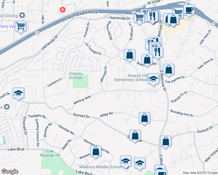 map of restaurants, bars, coffee shops, grocery stores, and more near 1361 Melrose Way in Vista