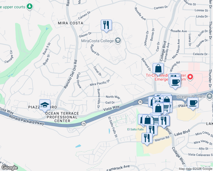 map of restaurants, bars, coffee shops, grocery stores, and more near 3647 Seaflower Lane in Oceanside