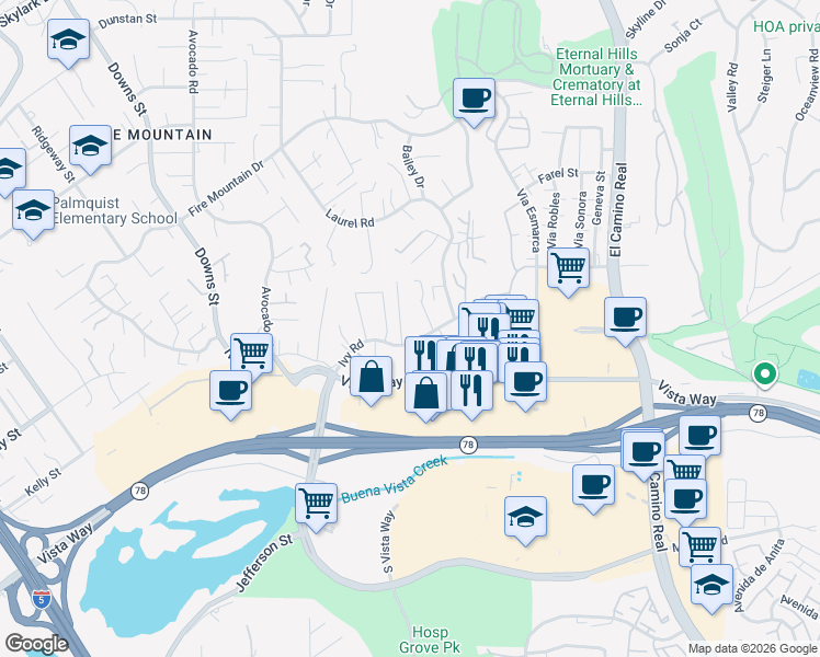 map of restaurants, bars, coffee shops, grocery stores, and more near 2397 Ivy Road in Oceanside