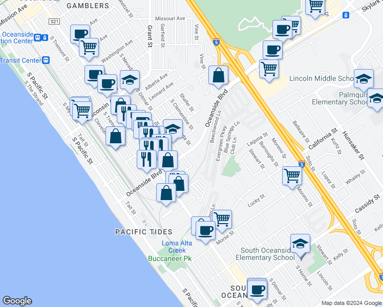 map of restaurants, bars, coffee shops, grocery stores, and more near 1221 South Nevada Street in Oceanside