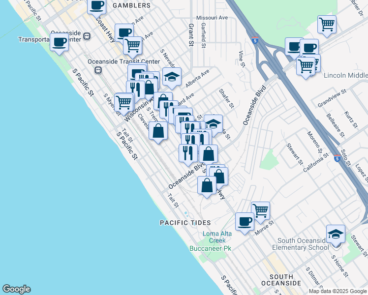 map of restaurants, bars, coffee shops, grocery stores, and more near 1111 South Coast Highway in Oceanside