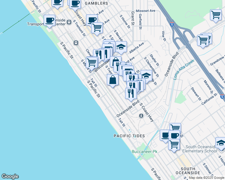 map of restaurants, bars, coffee shops, grocery stores, and more near 1006 South Myers Street in Oceanside