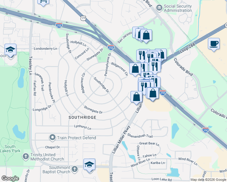 map of restaurants, bars, coffee shops, grocery stores, and more near 2401 Southridge Drive in Denton