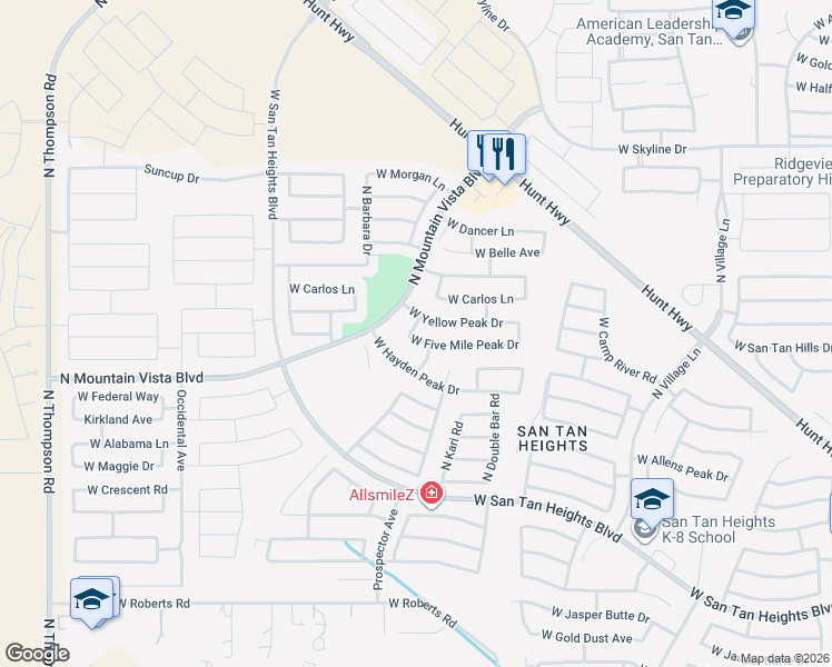 map of restaurants, bars, coffee shops, grocery stores, and more near 3405 West Five Mile Peak Drive in Queen Creek