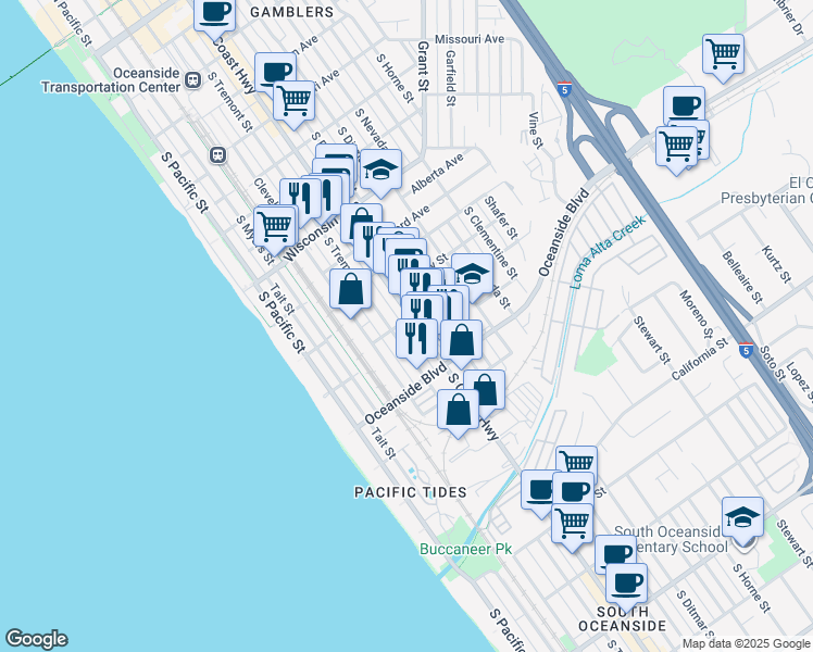 map of restaurants, bars, coffee shops, grocery stores, and more near 1111 South Coast Highway in Oceanside