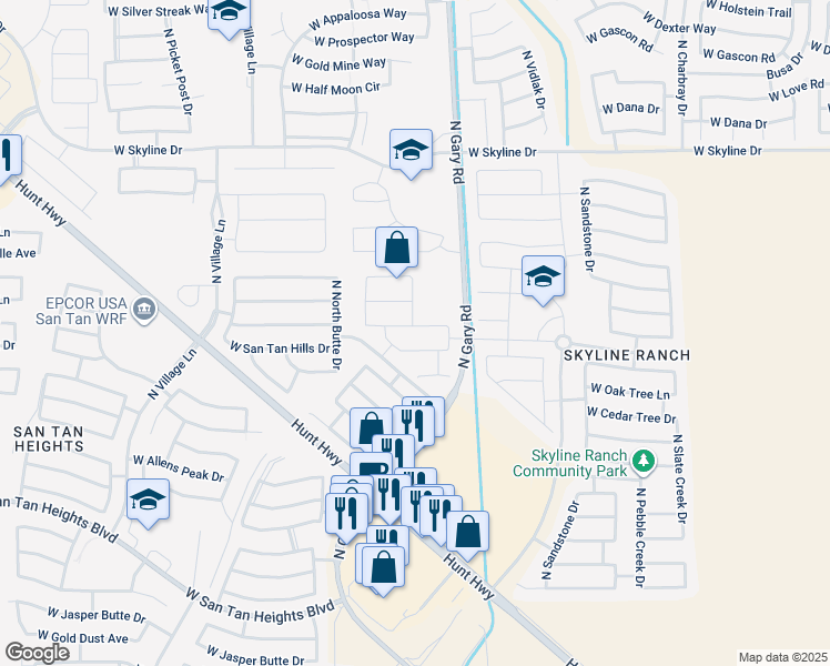 map of restaurants, bars, coffee shops, grocery stores, and more near 1628 West San Tan Hills Drive in Queen Creek