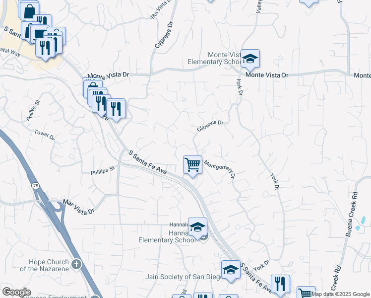 map of restaurants, bars, coffee shops, grocery stores, and more near 1369 Barbara Drive in Vista