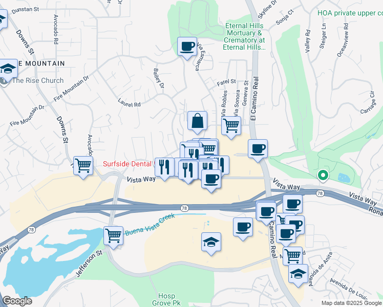 map of restaurants, bars, coffee shops, grocery stores, and more near 2549 Ivy Road in Oceanside