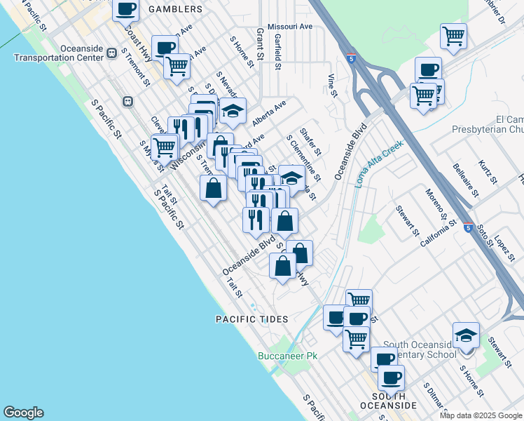 map of restaurants, bars, coffee shops, grocery stores, and more near 1111 South Coast Highway in Oceanside