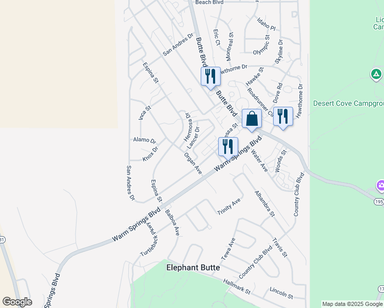 map of restaurants, bars, coffee shops, grocery stores, and more near 313-317 Organ Avenue in Elephant Butte